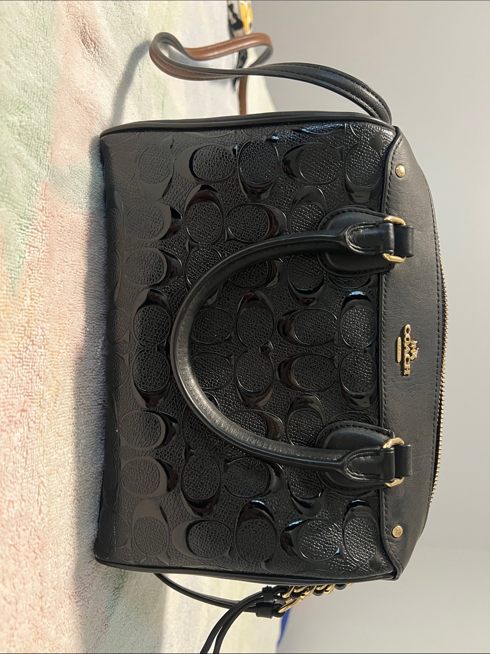 Coach Black Patent Signature Satchel with Gold Hardware